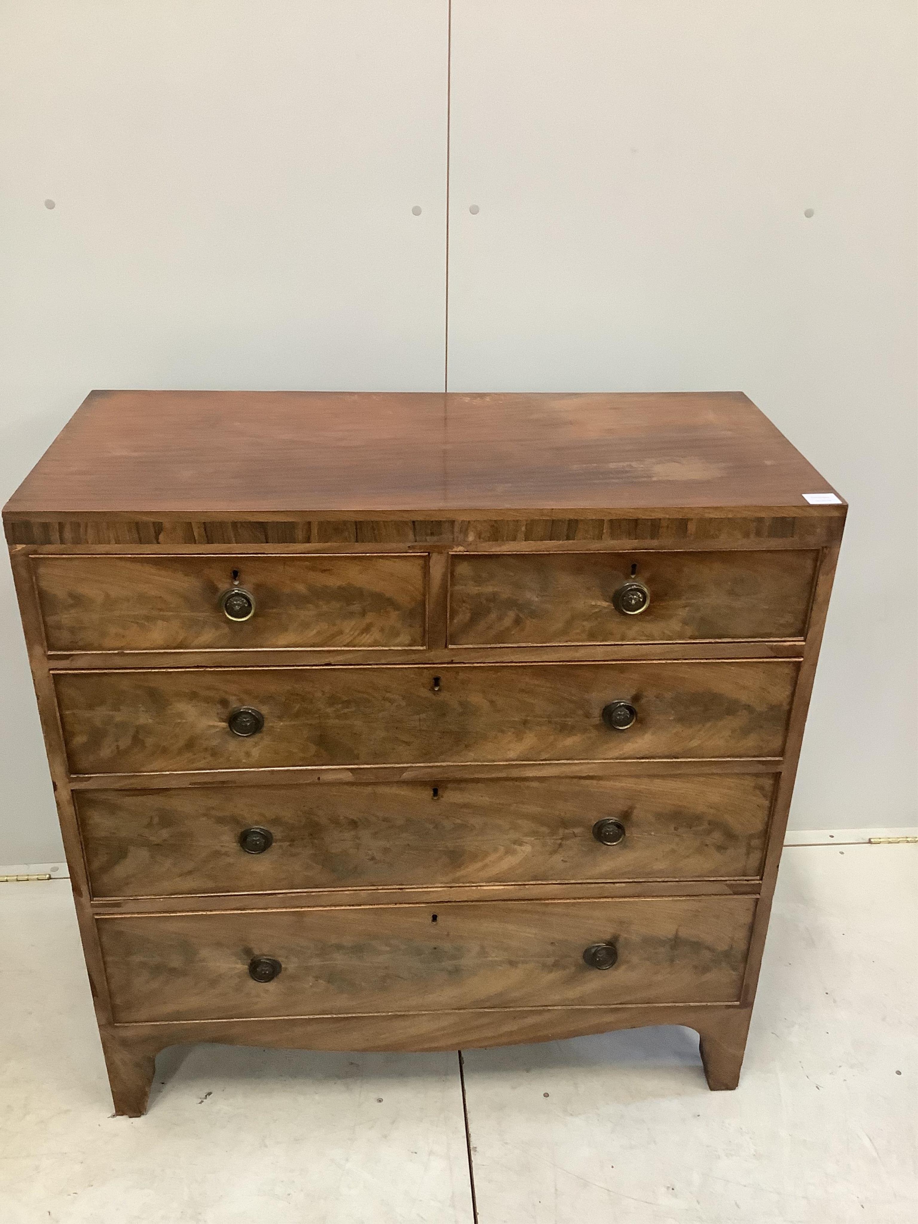 A Regency mahogany and rosewood banded chest of five drawers, width 104cm, height 109cm. Condition - a little faded and rubbed to the top, otherwise fair